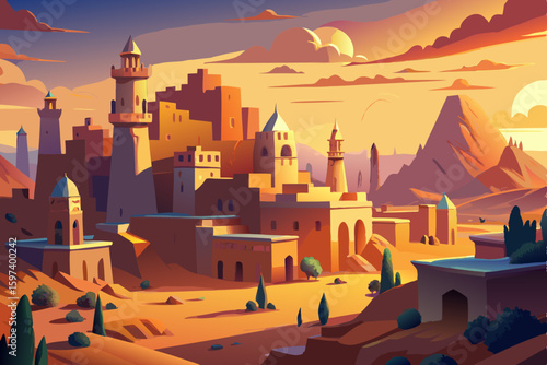 ancient desert city with sandstone buildings 