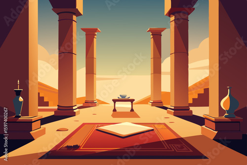 ancient desert temple living room with sandstone