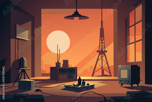 apocalyptic radio tower living room with salvaged  