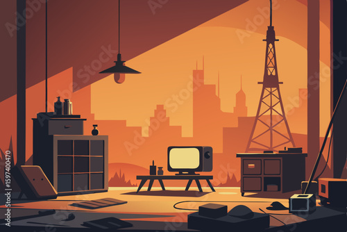 apocalyptic radio tower living room with salvaged .svg