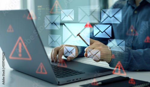 Mail security and virus spam alert in email. Fake text email scam.Scammers online.Cyber scam. Spam email message on digital screen.	
