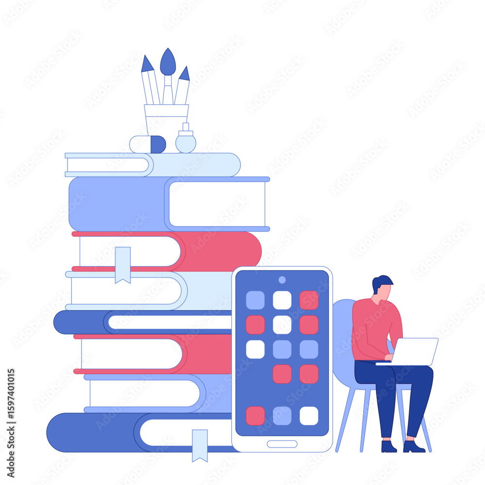 Obraz premium E-learning, Online education, Home schooling, Webinar training, Tutorial podcast and Business coaching. Modern vector illustration with characters and icons for website and mobile development.