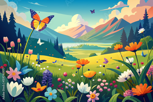 bright springtime meadow with fluttering butterfli