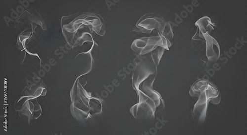 Set of various abstract smoke shapes on transparent background. Different smoke formations with no people or objects.