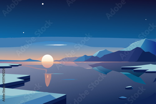 calm arctic shoreline with floating ice and a glow 