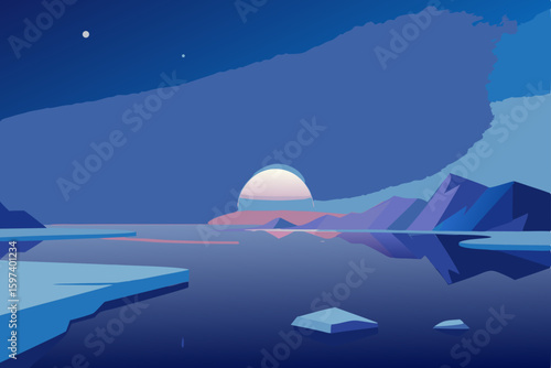 calm arctic shoreline with floating ice and a glow.svg