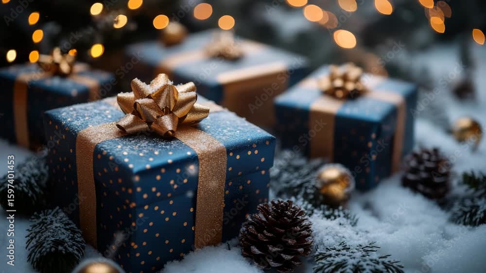 Blue gift box with golden ribbon and bow on snow with pine cones and warm bokeh lights creating festive holiday decoration and winter celebration atmosphere full of cozy charm Blue gift box with golden ribbon and bow on snow with pine cones and warm bokeh lights creating festive holiday decoration and winter celebration atmosphere full of cozy charm