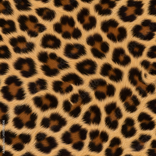 A high-resolution close-up of a leopard print fabric features a detailed simulation of animal fur, suitable for advertising or editorial use in fashion or design.