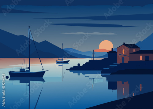 calm harbor at twilight with fishing boats 