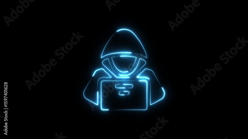 Neon hacker icon glowing blue on black background representing cybercrime technology and digital security concepts