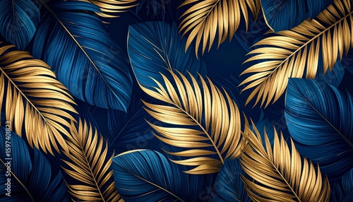 Wallpaper Mural Feathers on a blue background form a natural, tropical pattern with a close-up, light green, and artistic texture, perfect for summer wallpaper decoration Torontodigital.ca