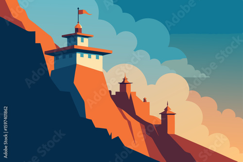cliffside monastery with flags fluttering in the 
