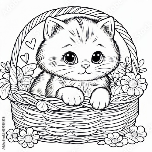 Coloring book, Coloring page  with adorable kitten in wicker basket decorated with flowers, black outline illustration for children's activities.