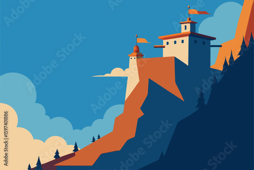 cliffside monastery with flags fluttering in 