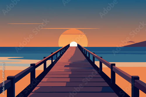 coastal boardwalk at sunset with gentle ocean wave.svg
