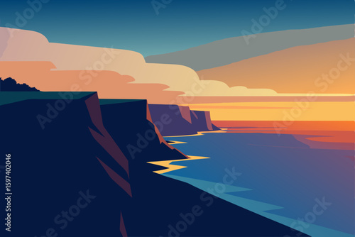 coastal cliffs at sunrise with waves crashing 