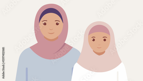 Muslim mother and daughter wearing hijabs standing together and smiling