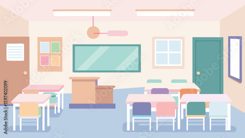 Empty classroom interior with desks, chairs, chalkboard and teacher’s podium in pastel colors
