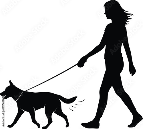 Vector art of woman walking her dog on a leash isolated on transparent background