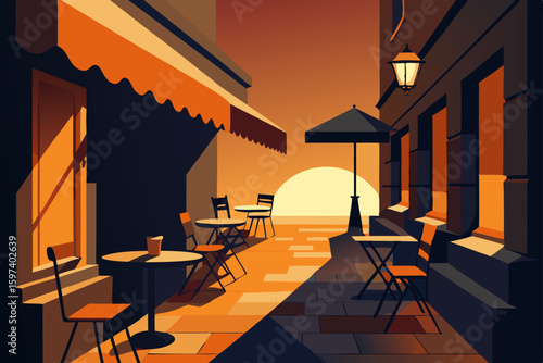 cozy caf  patio on a cobblestone street at golden .svg