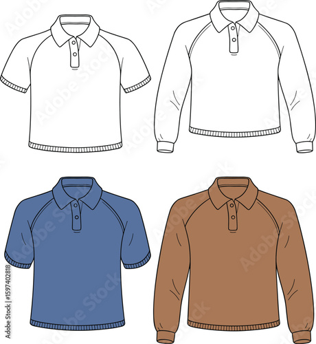 Cad drawing flat vector illustration, short and long sleeve polo shirt design