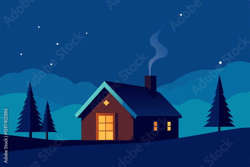 cozy hill cabin with a smoking chimney and starry 