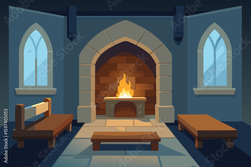 cozy medieval style living room with stone hearth .svg