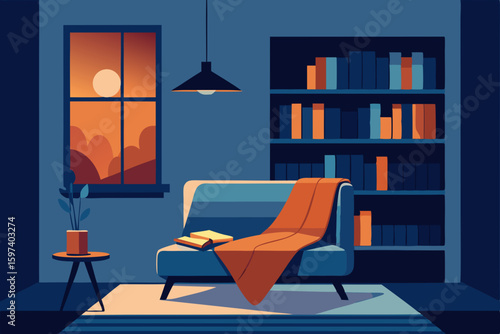 cozy reading nook living room with built in shelve.svg