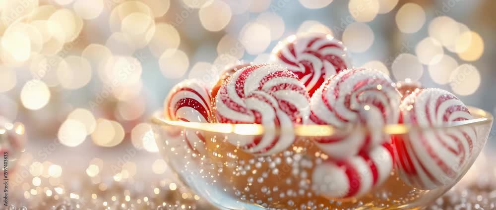 A stunning display of colorful peppermint candies in a glass bowl, set against a softly blurred background of bokeh lights, perfect for festive occasions and culinary delights.