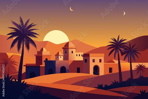 desert oasis village with palm trees and warm 
