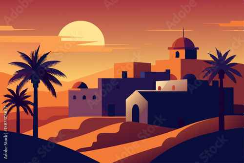 desert oasis village with palm trees and warm 