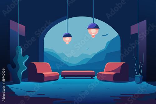 dreamlike underwater cave living room with soft 