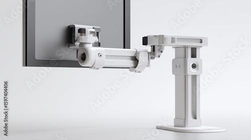 Close-up of a white adjustable monitor arm attached to the back of a computer screen, showcasing its articulating design and functionality against a plain background.