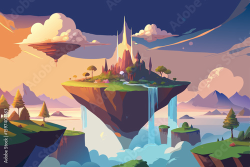 dreamy floating island above clouds with glowing 