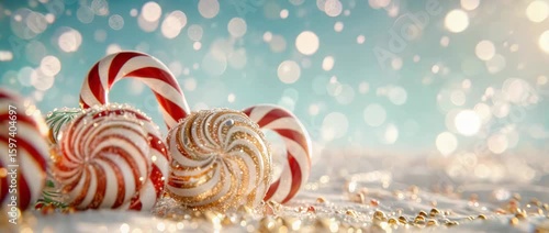 Close-up of colorful candy canes arranged on a sparkling background, evoking a festive atmosphere perfect for holiday celebrations and sweet treats.
