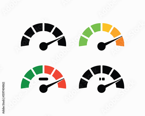 Speedometers, colourful indicators collection, various levels. Perfect for automotive, transportation, performance measurement visuals. Clear design, easy integration into presentations, websites
