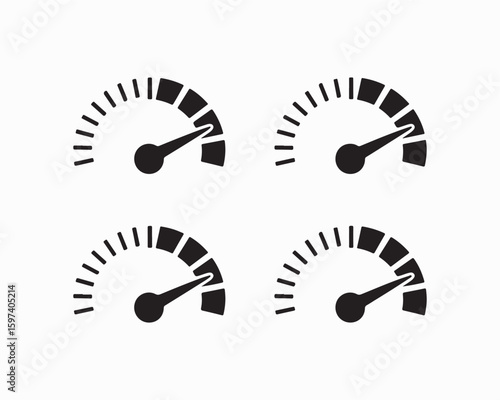 speedometer, gauge icon set Vector illustration. Black and white dashboard elements showing various levels of speed, fuel, performance. Perfect for web design, apps, software