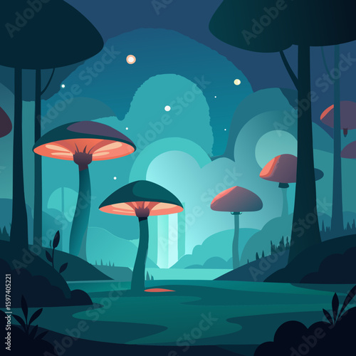 fantasy forest glade with glowing mushrooms 