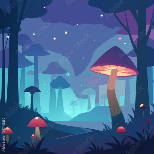fantasy forest glade with glowing mushrooms 