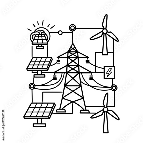 energy grid with solar panels wind turbines and electric station