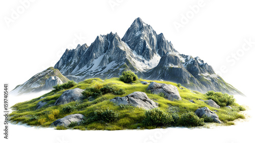 Majestic snow capped mountain range with lush green foothills and a single tree isolated on transparent background