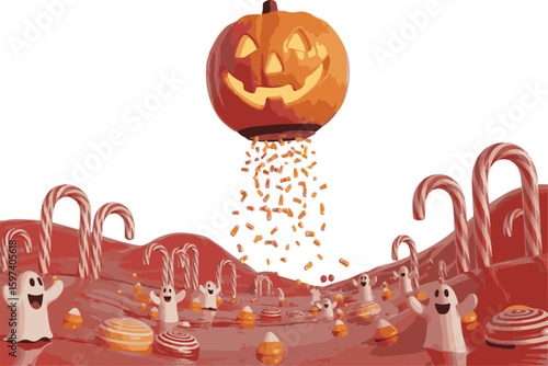 Whimsical halloween scene featuring smiling jack o lantern and candy land landscape