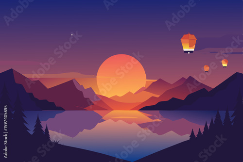 fantasy sunset over a crystal lake with floating 