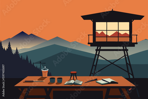 firewatch tower living room with windows  bin