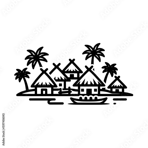 island with huts and palm trees in outline style