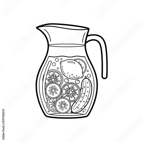 Lemonade pitcher with lemon and cucumber slices for fresh drink