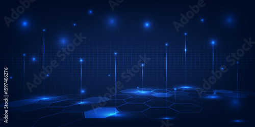 Vector illustration of futuristic digital technology background with glowing dots floating on digital landscape and wave wireframe above for game graphic and advertising artwork.