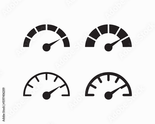 Speedometer, gauge vector collection. Black icons for speed, performance, pressure. Ideal for vehicle dashboard design, apps, websites. Editable stroke
