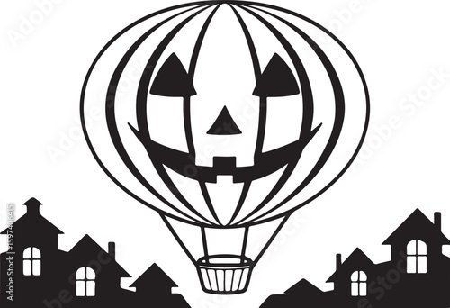 Spooky halloween hot air balloon with smiling jack o lantern face above a town silhouette.