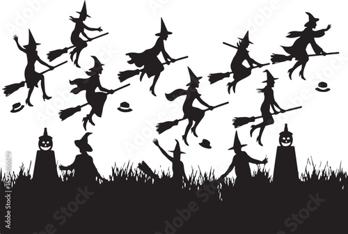 Black silhouette witches flying on broomsticks above halloween silhouette landscape